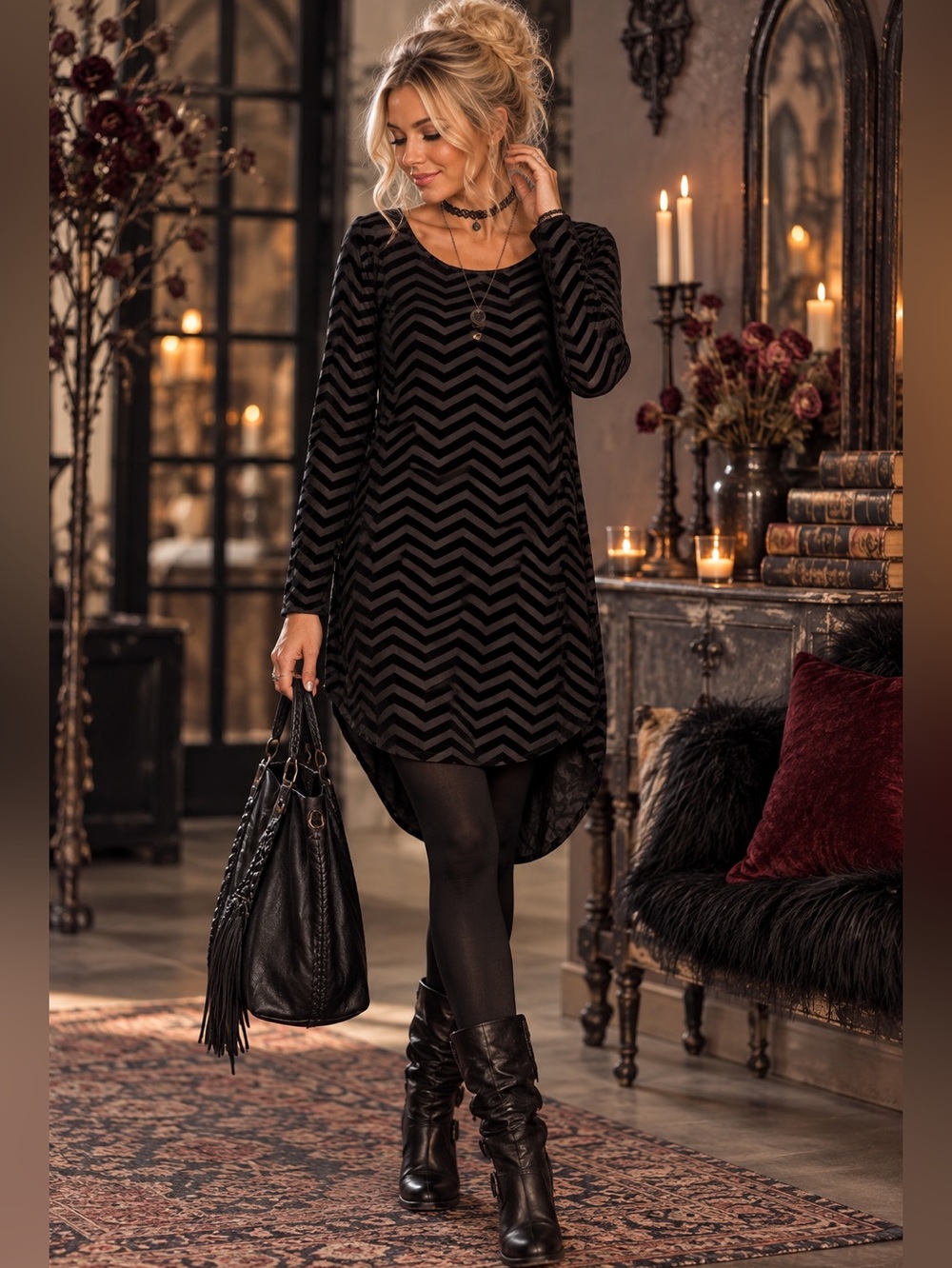 Everly Black Velvet Burnout Chevron High Low Scoop
Back Dress Sz L Romantic Goth